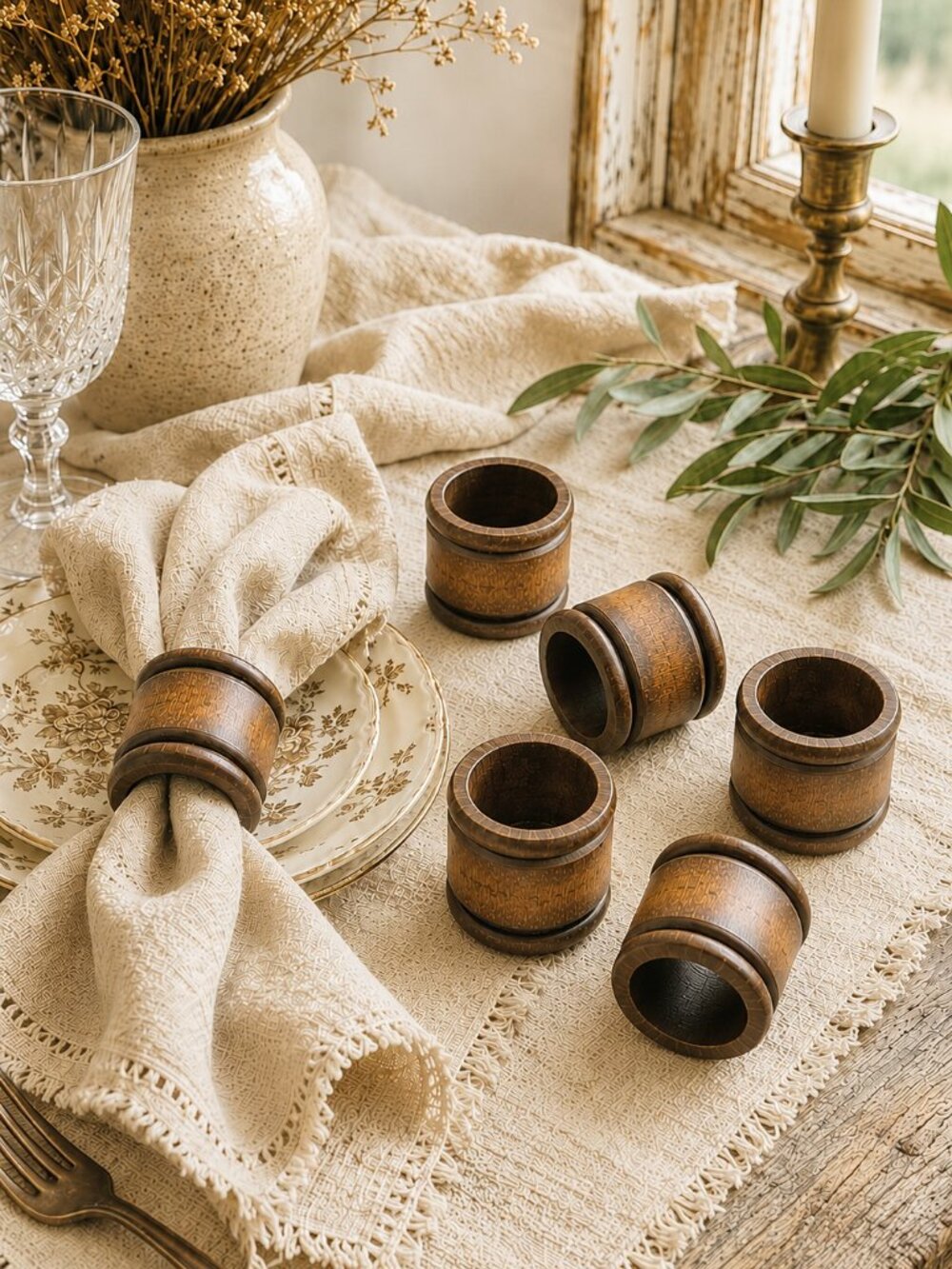Set of 6 Vintage Dark Wood Rustic Carved Farmhouse Style Napkin Rings